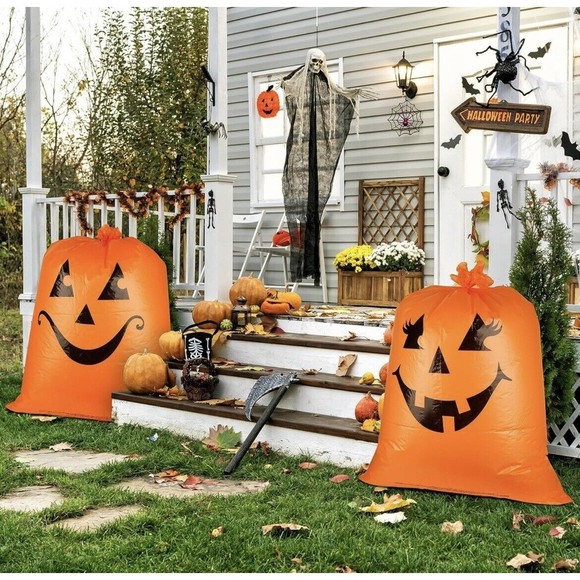 Lawn Bags Pumpkin Jack O Lantern Set Of 6 Multiple Sizes W/ Twist Ties Kimober - Picture 4 of 7